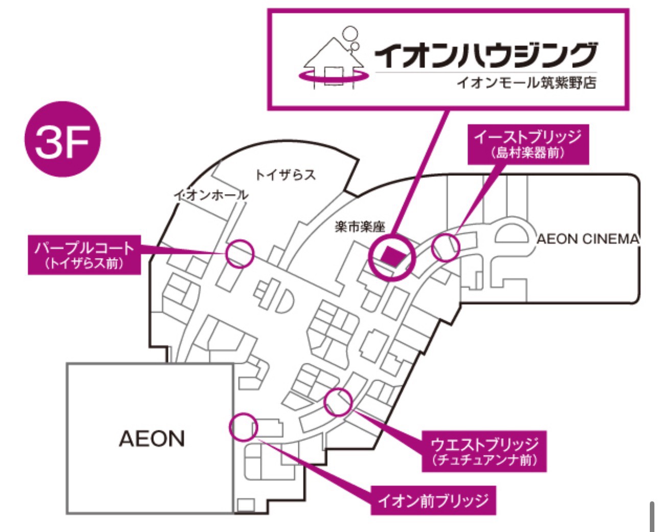 イオンモール筑紫野 3階フロアマップ - イオンハウジング イオンモール筑紫野店は楽市楽座近く、イーストブリッジ（島村楽器前）付近にあります
