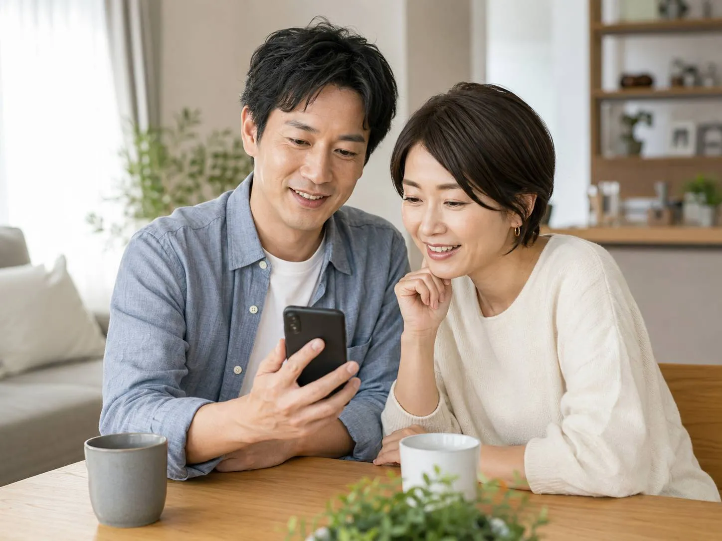 夫婦が自宅でスマートフォンを見ながら情報収集する様子