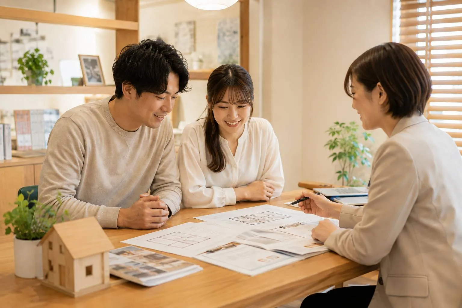 スタッフと夫婦が落ち着いて住宅ローンを相談している様子